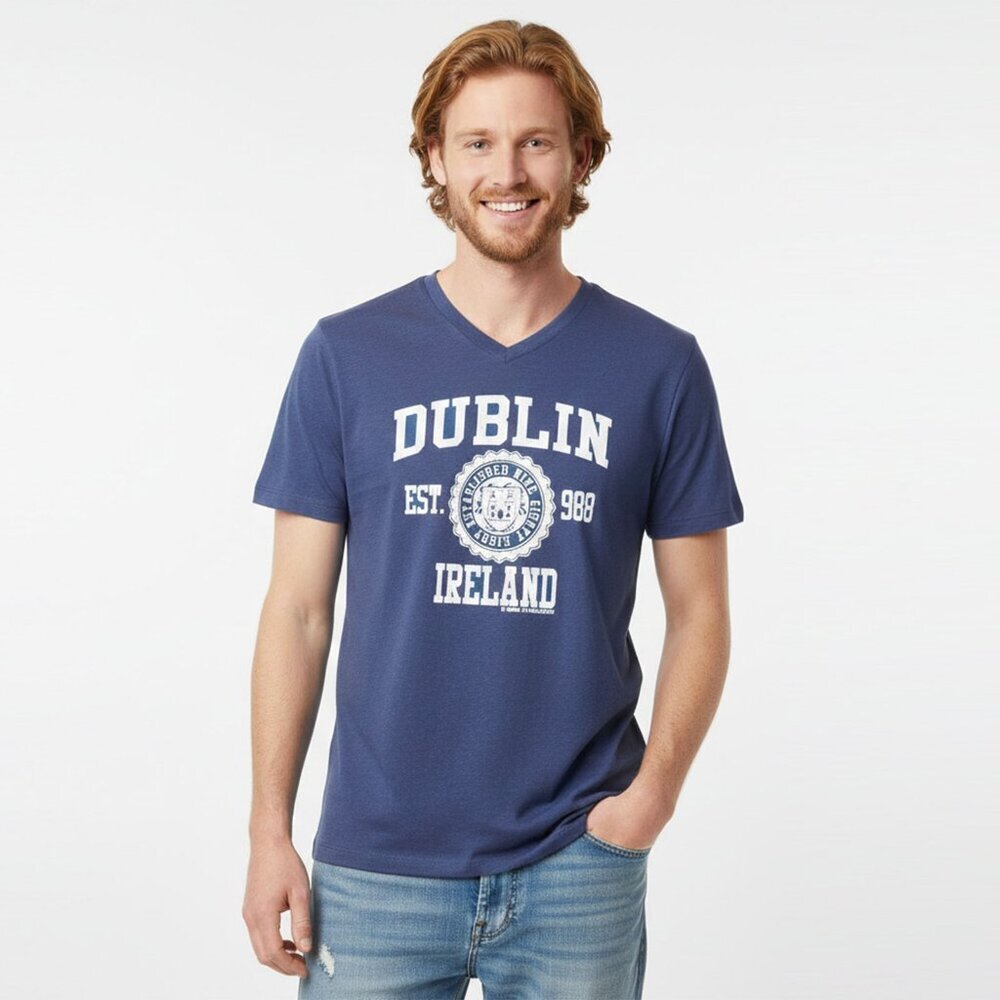 Dublin Ireland Est. 988 Graphic T-Shirt V-Neck Tee Irish Connection Blue Paddy's